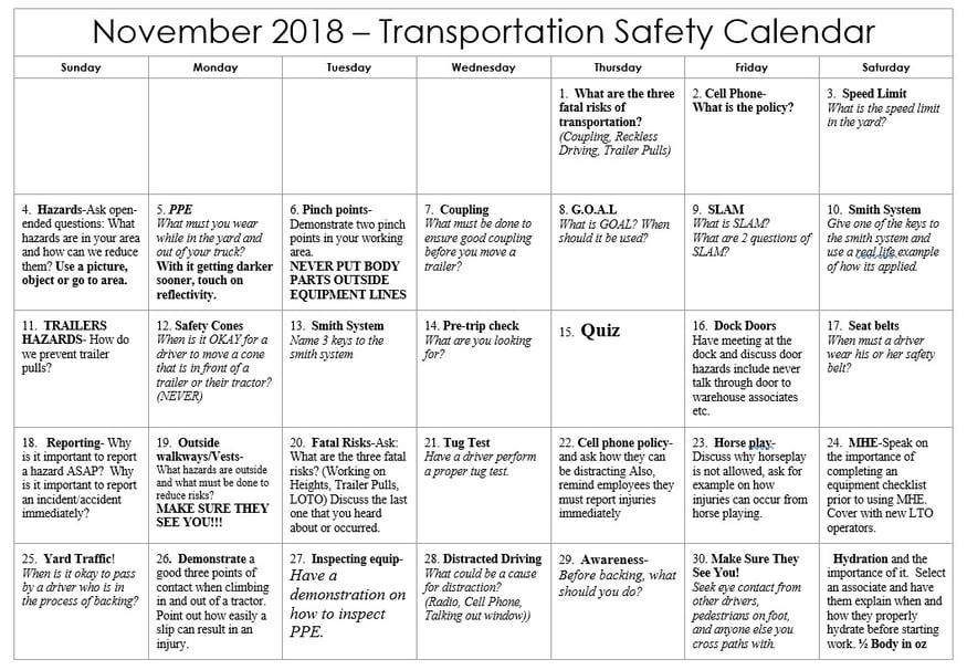 November 2018 Transportation Safety Topics